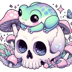 Cute Frog Sitting on a Skull with Mushrooms and Stars