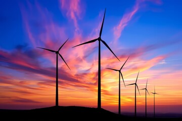 A line of wind turbines stand tall against a vibrant sunset with streaky clouds in a vivid sky.