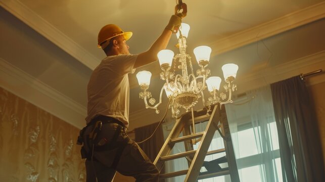 young Caucasian electrician in uniform installing or repairing a large chandelier in a house
