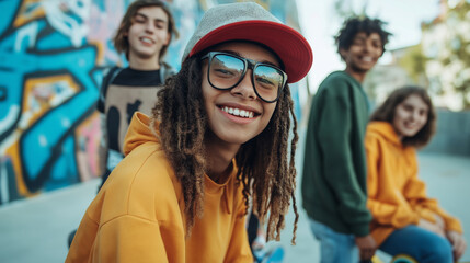 Diverse group of teenagers hanging out and having fun at a skate park