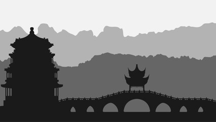 Fototapeta premium Vector background with silhouette of mountains and Chinese architecture in grayscale. Travel illustration