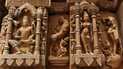 India, Madhya Pradesh, Sihoniya, Beautiful Carvings of Hindu Deities on the Kakanmath Temple, this 11th Century Monument Dedicated to Lord Shiva. 