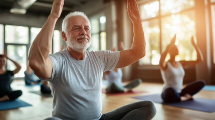 Active senior group participating in a yoga class