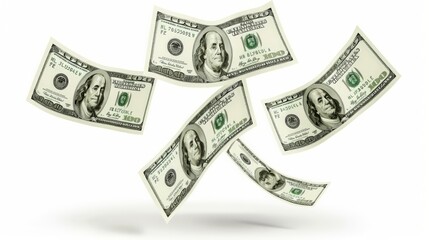 Realistic set of flying one hundred dollar bills, captured in motion and isolated against a neutral background. Ideal for use in financial applications, simulations, and advertising.