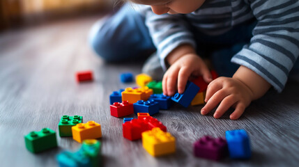 Obraz premium Child playing with colorful building blocks on the floor