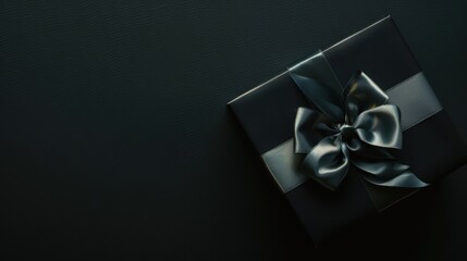 Black gift box with a black ribbon, surrounded by golden confetti and ribbons. Luxurious and festive design for celebrations and special occasions.