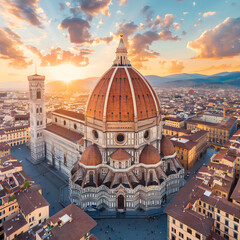 Aerial view at sunset of the florence cathedral, showcasing brunelleschi's dome and giotto's campanile, landmarks of italian renaissance architecture