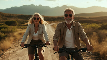 Active senior couple cycling together in a scenic area