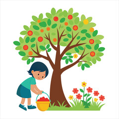 A tree with a child picking flowers nearby illustration vector