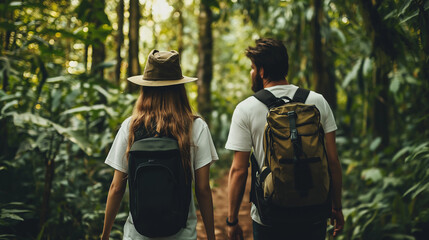 Naklejka premium Adventurous couple exploring a dense forest