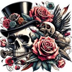 Skull with Top Hat and Roses Tattoo Design