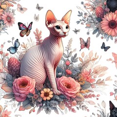 Sphynx Cat Amidst Blooming Flowers