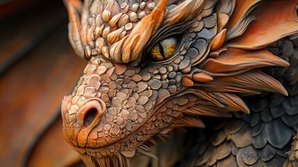 A close-up of a detailed dragon sculpture with intricate carvings and textures