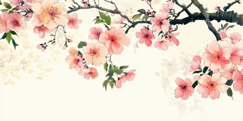 Beautiful illustration of delicate pink flowers sakura blossoming  tree branches,  vibrant petals and lush green leaves. Perfect for spring-themed designs, nature art, and floral compositions.