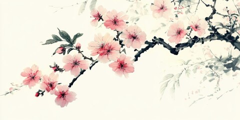 Beautiful illustration of delicate pink flowers sakura blossoming  tree branches,  vibrant petals and lush green leaves. Perfect for spring-themed designs, nature art, and floral compositions.