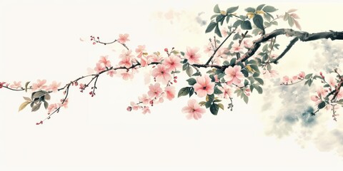 Beautiful illustration of delicate pink flowers sakura blossoming  tree branches,  vibrant petals and lush green leaves. Perfect for spring-themed designs, nature art, and floral compositions.