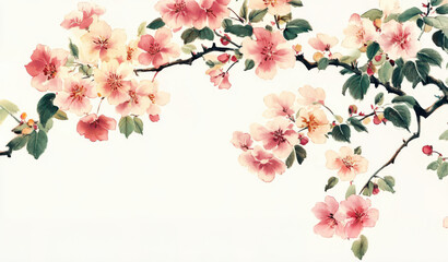 Naklejka premium Beautiful illustration of delicate pink flowers sakura blossoming tree branches, vibrant petals and lush green leaves. Perfect for spring-themed designs, nature art, and floral compositions.