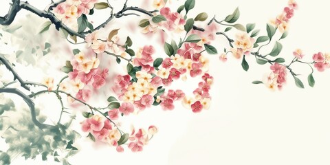 Fototapeta premium Beautiful illustration of delicate pink flowers sakura blossoming tree branches, vibrant petals and lush green leaves. Perfect for spring-themed designs, nature art, and floral compositions.