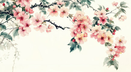 Beautiful illustration of delicate pink flowers sakura blossoming  tree branches,  vibrant petals and lush green leaves. Perfect for spring-themed designs, nature art, and floral compositions.