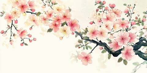 Beautiful illustration of delicate pink flowers sakura blossoming  tree branches,  vibrant petals and lush green leaves. Perfect for spring-themed designs, nature art, and floral compositions.