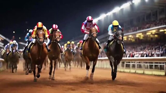 the thrill of horse racing as the crowd roars.