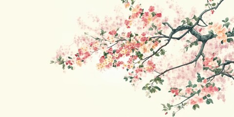 Fototapeta premium Beautiful illustration of delicate pink flowers sakura blossoming tree branches, vibrant petals and lush green leaves. Perfect for spring-themed designs, nature art, and floral compositions.