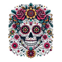 Sugar Skull with Floral Wreath - Day of the Dead Illustration