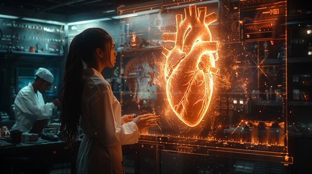 A scientist examines a holographic heart display while colleagues conduct research in a high-tech lab.