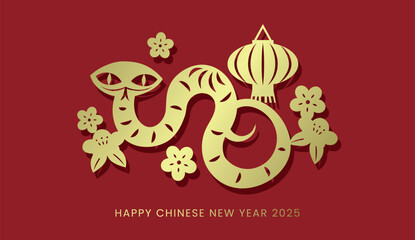 Golden zodiac snake on red background. Happy chinese new year 2025 or lunar new year of the snake paper cutting style greeting card. Zodiac snake with a chinese lantern.