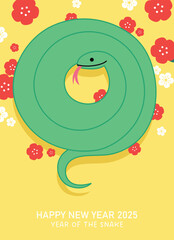 Happy chinese new year of the snake vector card illustration. Cute green snake curled up with flowers.