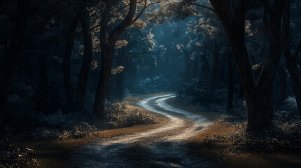 A winding path through a dark, enchanted forest, with mysterious lights and shadows playing tricks on the eyes, right third copy space. Creation, Mystery and Mysticism, Harmony