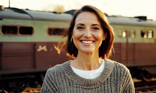 Medium shot portrait video of a grinning woman in her 30s that is wearing a chic cardigan against a vintage train or railway background