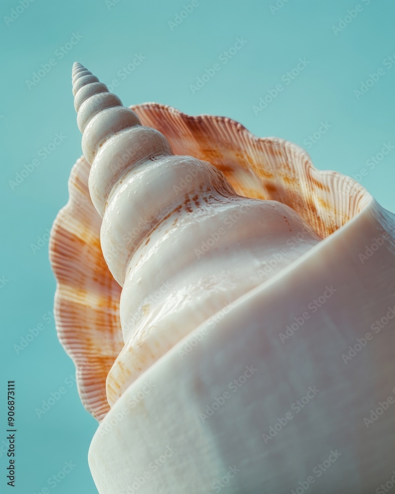Aufkleber pastel pink seashell close-up against soft gradient blue background - abstract artistic composition 
