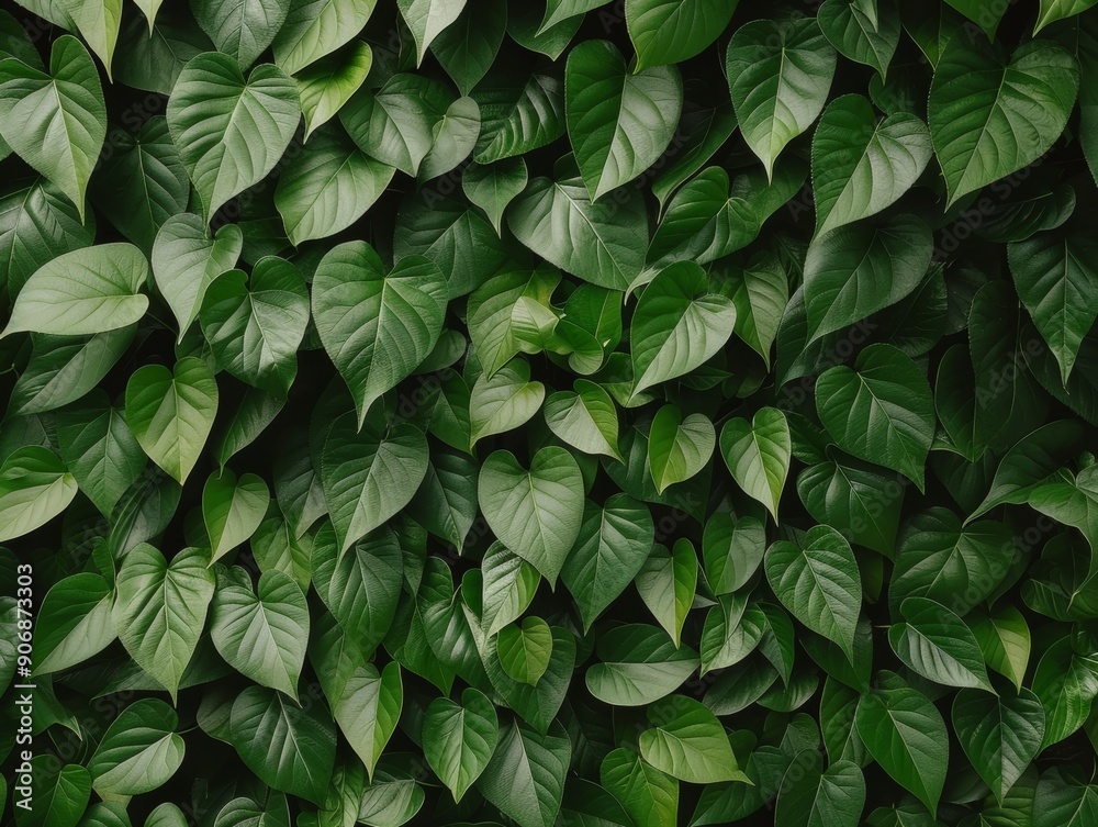 Poster aerial view of geometric green leaf pattern in natural lighting, symmetrical and intricate leaf text