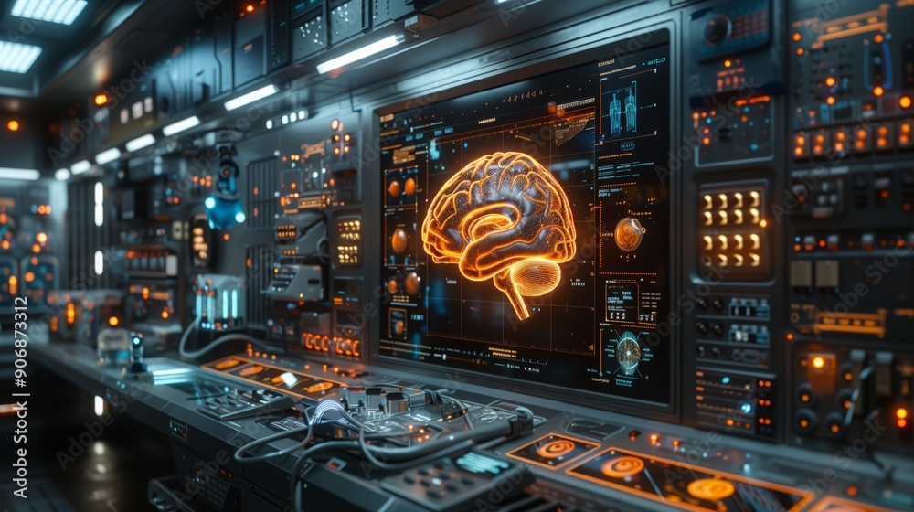 Poster a high-tech lab equipped with advanced systems monitors an intricate neural interface, showcasing in