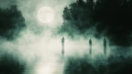 A foggy lake with a full moon casting an eerie glow on the water, and ghostly figures barely visible in the mist, bottom third copy space. Mystery and Mysticism, Memory and Care, w