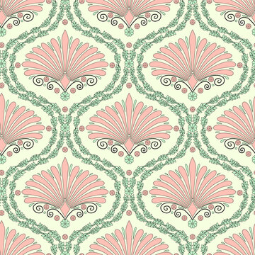 Seamless pattern with pink floral ogee and anthemion geometrical motifs on a cream background. Minimalist classic abstract repeat wallpaper.