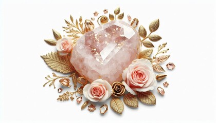 Obraz premium Rose Quartz with gold leaves and roses, decoration, wallpaper, poster