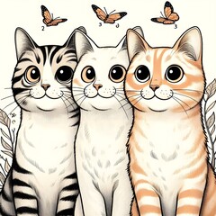 Three Cute Cats with Butterflies