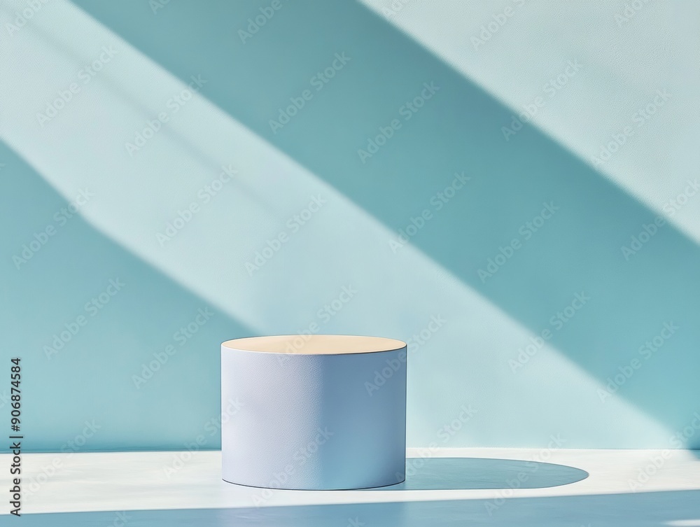 Poster light blue cylindrical podium on minimalist light blue background with soft shadows and diffused nat