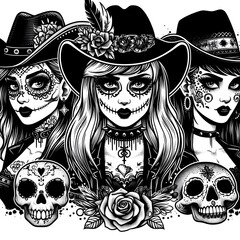 Three Sugar Skulls with Western Hats and Flowers