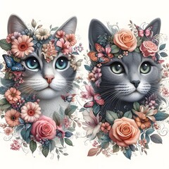 Two Cats Adorned with Floral Wreaths and Butterflies