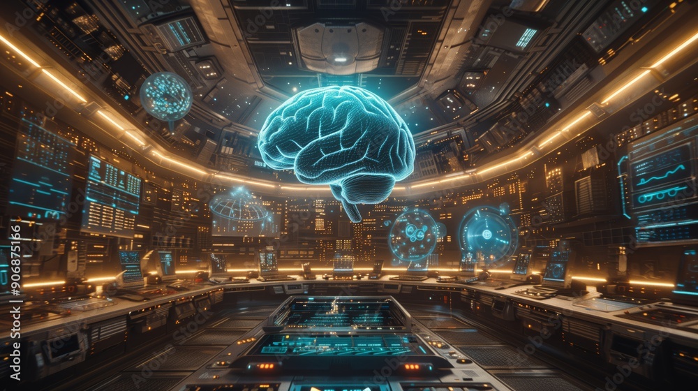 Poster a cutting-edge lab filled with holographic brain models and high-tech interfaces, illustrating advan