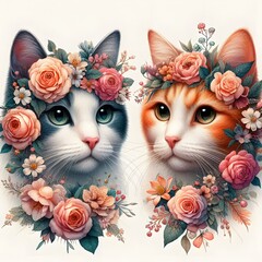 Two Cats Wearing Flower Crowns