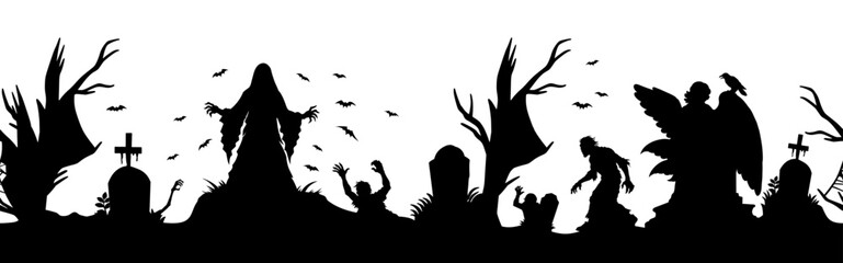 Halloween seamless panorama with halloween silhouette of cemetery elements for holiday background