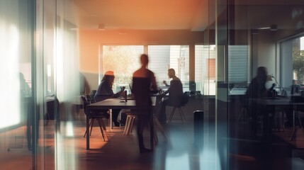 A group of people are sitting at a table in a conference room