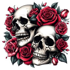 Two Skulls with Red Roses