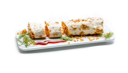 Plate with food on a white background. Shawarma is a national food.National cuisine wrapped in flatbreads made from vegetables and meat