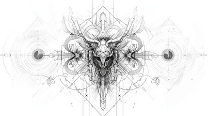 tattoo art line, illustrated in illustrator, perfect generation without design errors, pure white and clean background, A geometric and realistic style tattoo, featuring a combination of mythological.