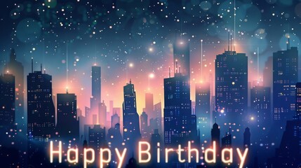 Colorful lights illuminate a city skyline at night, with a joyful birthday message featured prominently.